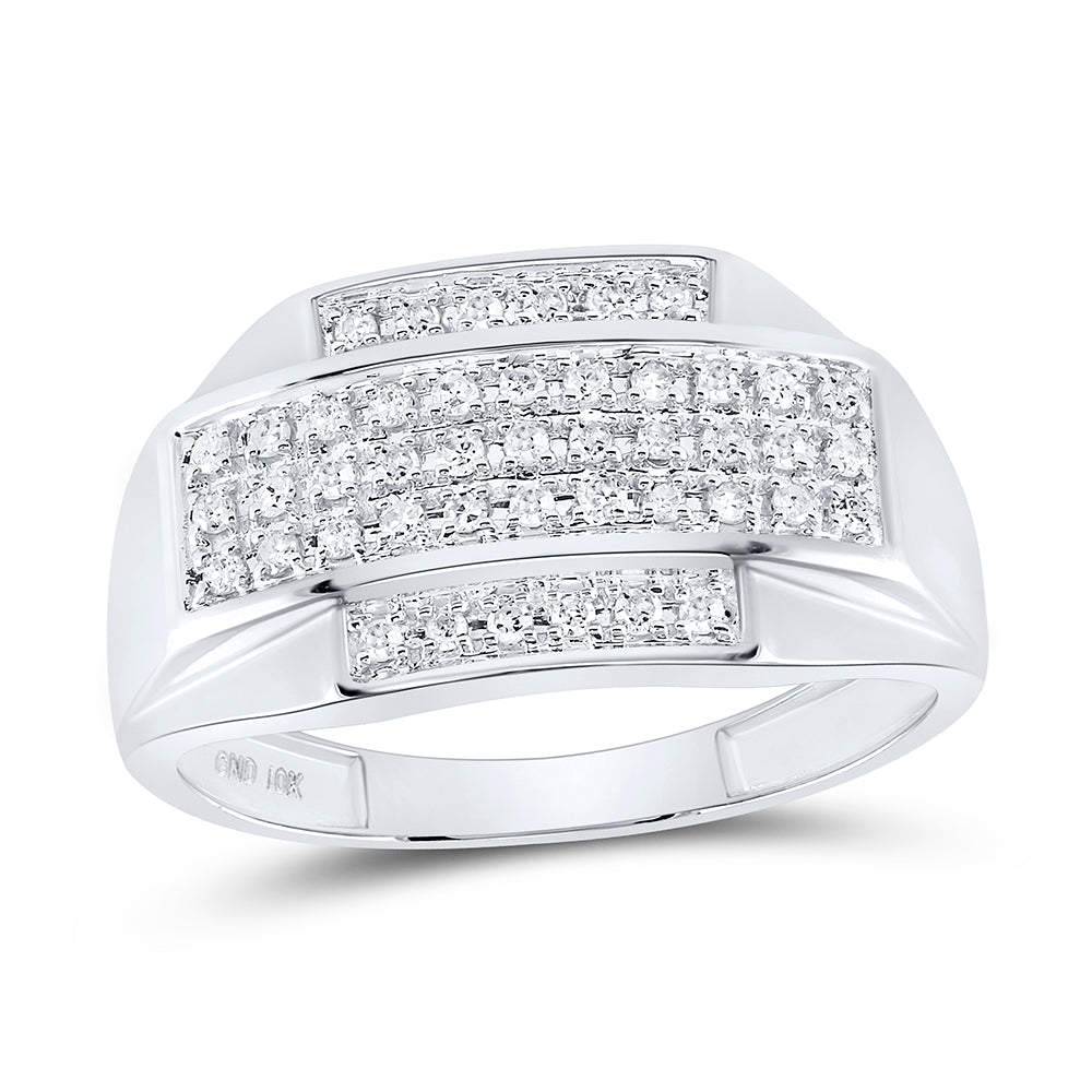 10K White Gold Mens Round Pave-set Diamond Rectangle Cluster Ring 1/3 Cttw, Mens Size: 7-13