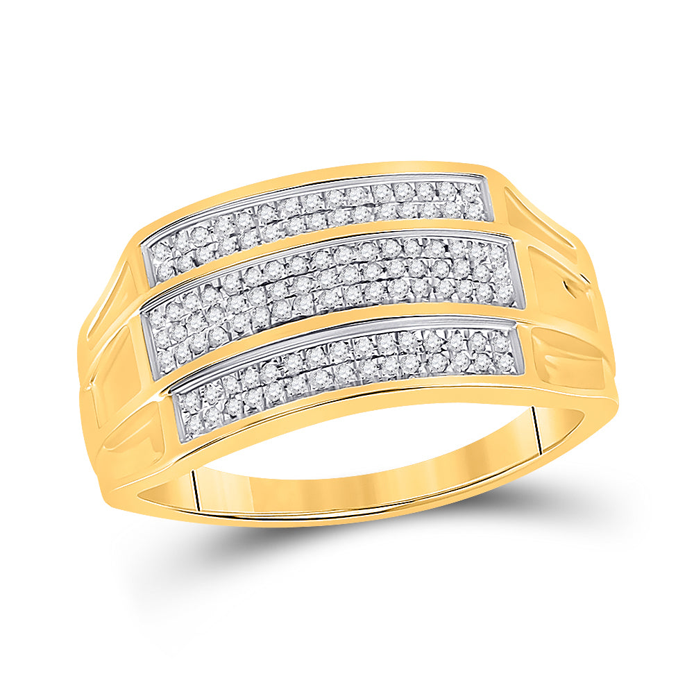 10K Yellow Gold Mens Round Diamond Domed Triple Row Fashion Ring 1/3 Cttw, Mens Size: 7-13
