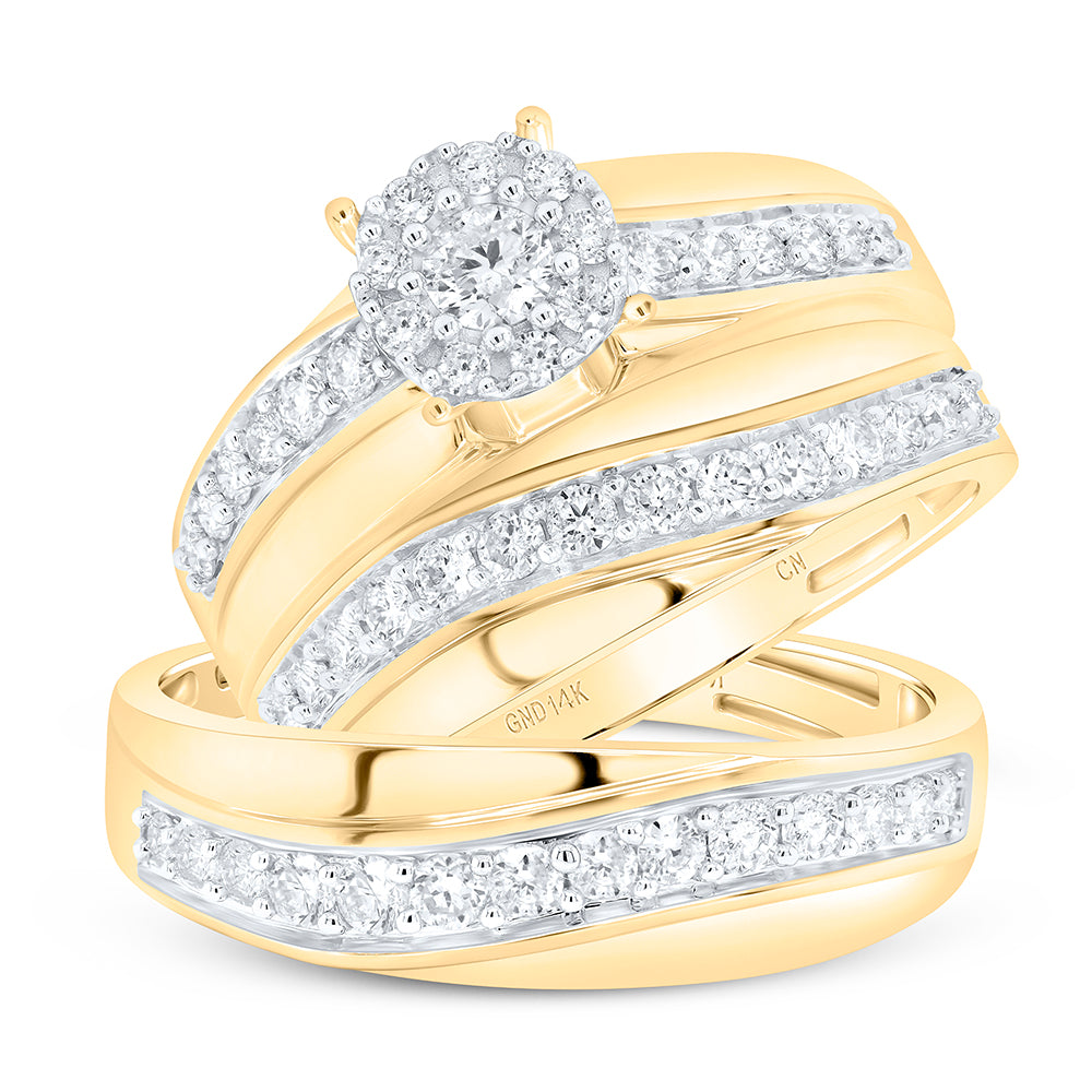 14K Yellow Gold His Hers Round Diamond Cluster Matching Wedding Set 1 Cttw, Womens Size: 5-10, Mens Size: 7-13
