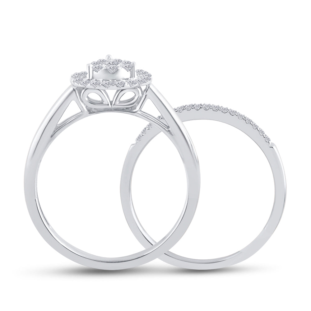 14k White Gold Round Diamond Teardrop Cluster 3-piece Bridal Wedding Engagement Ring Set 1/2 Cttw