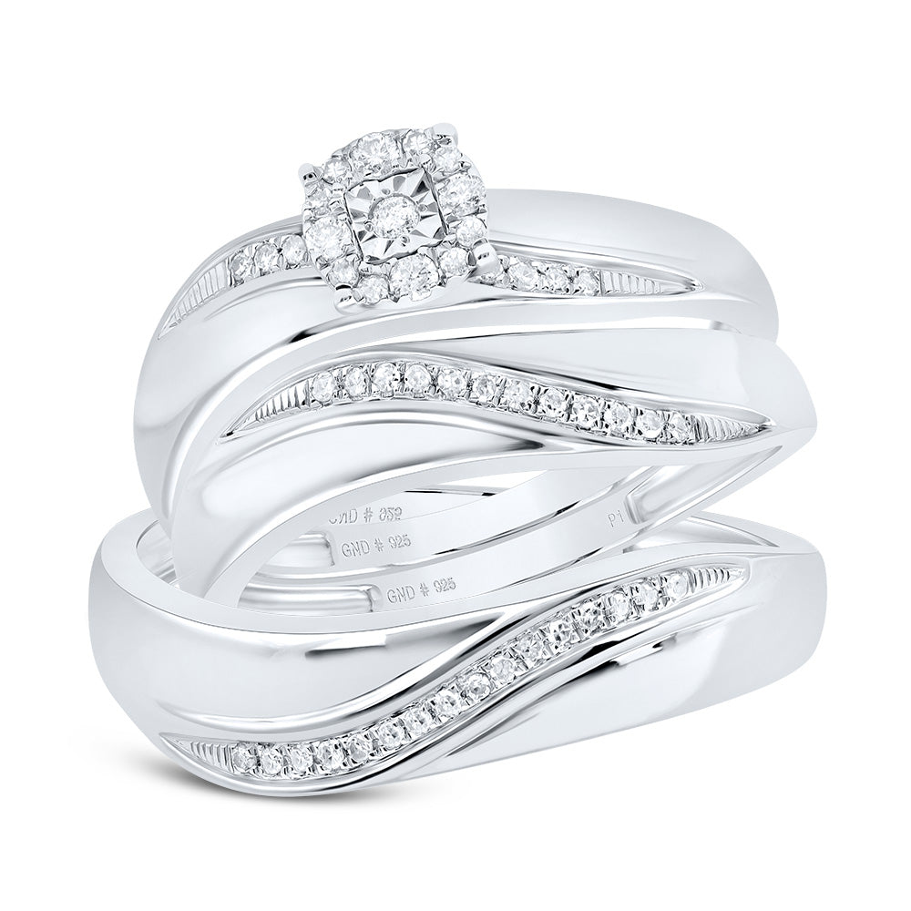 Sterling Silver His Hers Round Diamond Solitaire Matching Wedding Set 1/5 Cttw, Womens Size: 5-10, Mens Size: 7-13
