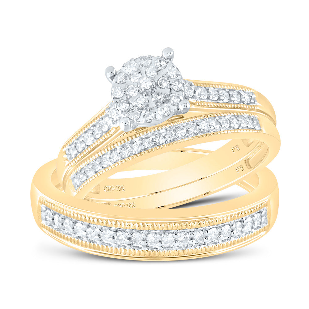 10K Yellow Gold His Hers Round Diamond Cluster Matching Wedding Set 3/8 Cttw, Womens Size: 5-10, Mens Size: 7-13