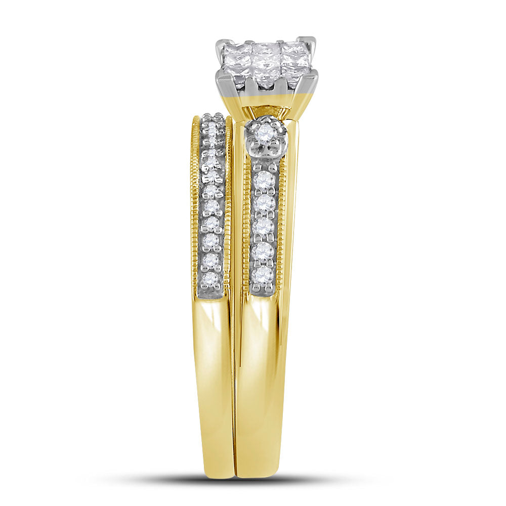 10kt Yellow Gold His & Hers Princess Diamond Cluster Matching Bridal Wedding Ring Band Set 1/2 Cttw, Women Size: 5-9, Men Size: 8-12