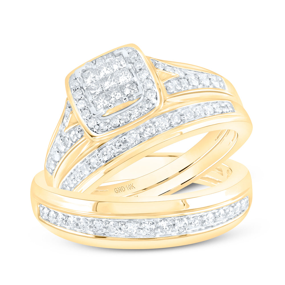 10K Yellow Gold His Hers Princess Diamond Square Matching Wedding Set 3/4 Cttw, Womens Size: 5-10, Mens Size: 7-13