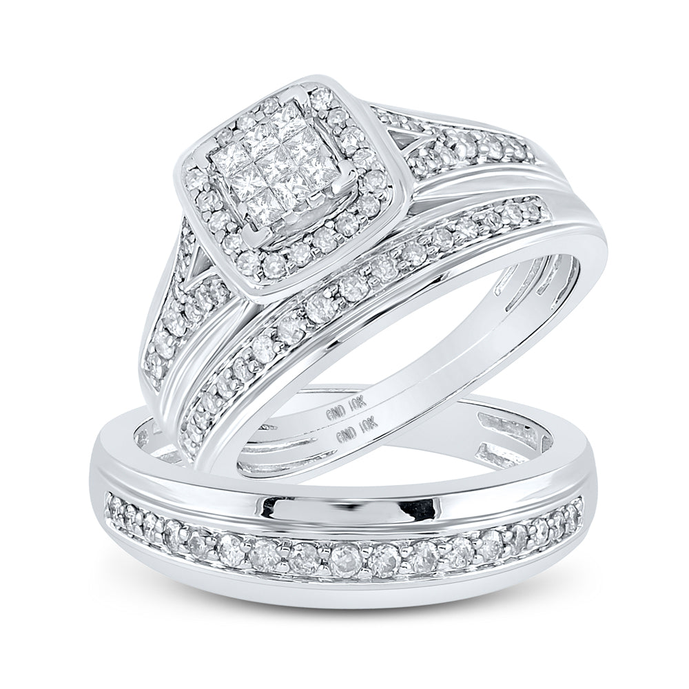 10K White Gold His Hers Princess Diamond Square Matching Wedding Set 3/4 Cttw, Womens Size: 5-10, Mens Size: 7-13