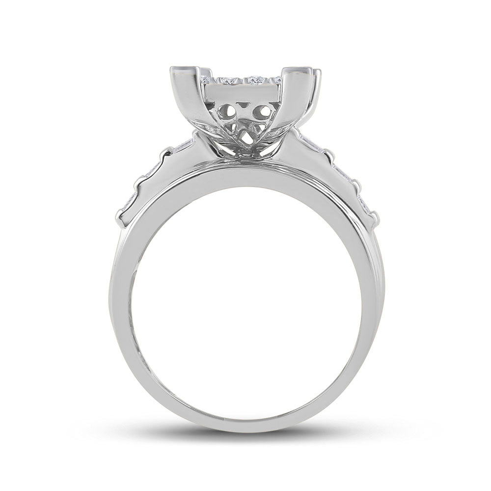 10K White Gold Round Diamond Cluster Bridal Wedding Engagement Ring 7/8ctw, Womens Size: 5-10