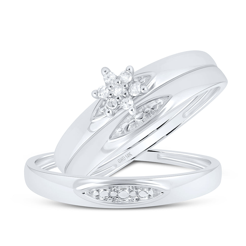 10kt White Gold His & Hers Round Diamond Cluster Matching Bridal Wedding Ring Band Set 1/12 Cttw