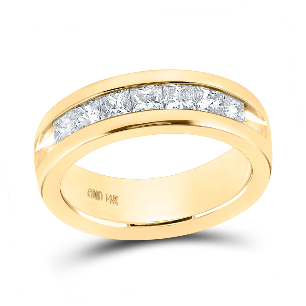 14K Yellow Gold Mens Princess Diamond Wedding Single Row Band Ring 1-1/2 Cttw, Mens Size: 7-13