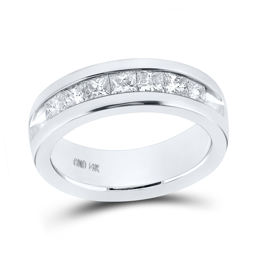 14K White Gold Mens Princess Diamond Wedding Single Row Band Ring 1-1/2 Cttw, Mens Size: 7-13