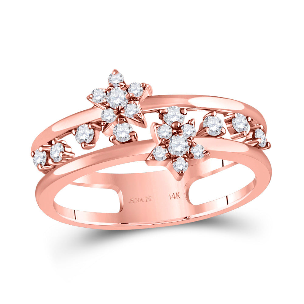 14K Rose Gold Womens Round Diamond Open Double Star Band Ring 1/3 Cttw, Womens Size: 5-10