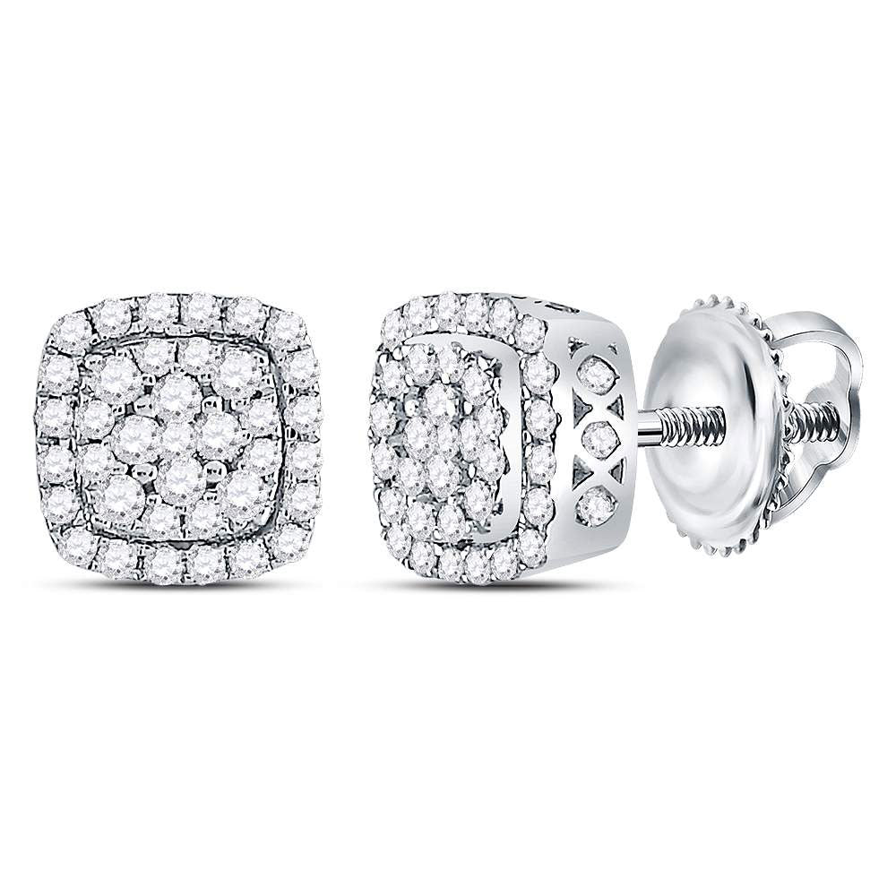 14K White Gold Womens Round Diamond Square Frame Cluster Earrings 1/2ctw