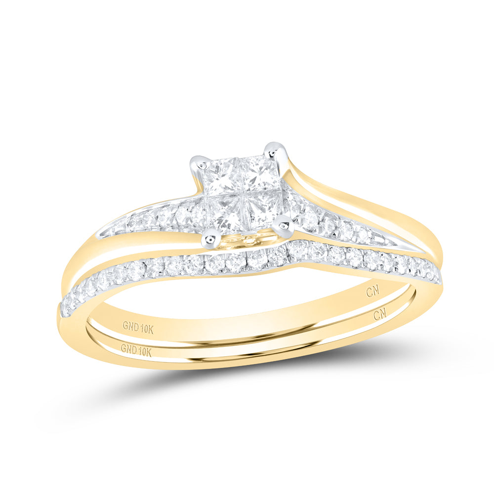 14K Yellow Gold Princess Diamond Cluster Bridal Wedding Ring Band Set 1/3 Cttw, Womens Size: 5-10