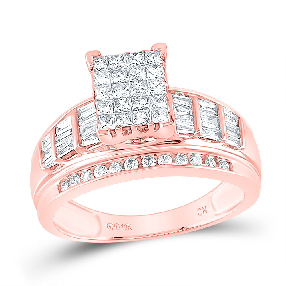 10K Rose Gold Princess Diamond Cluster Bridal Wedding Engagement Ring 1 Cttw, Womens Size: 5-10