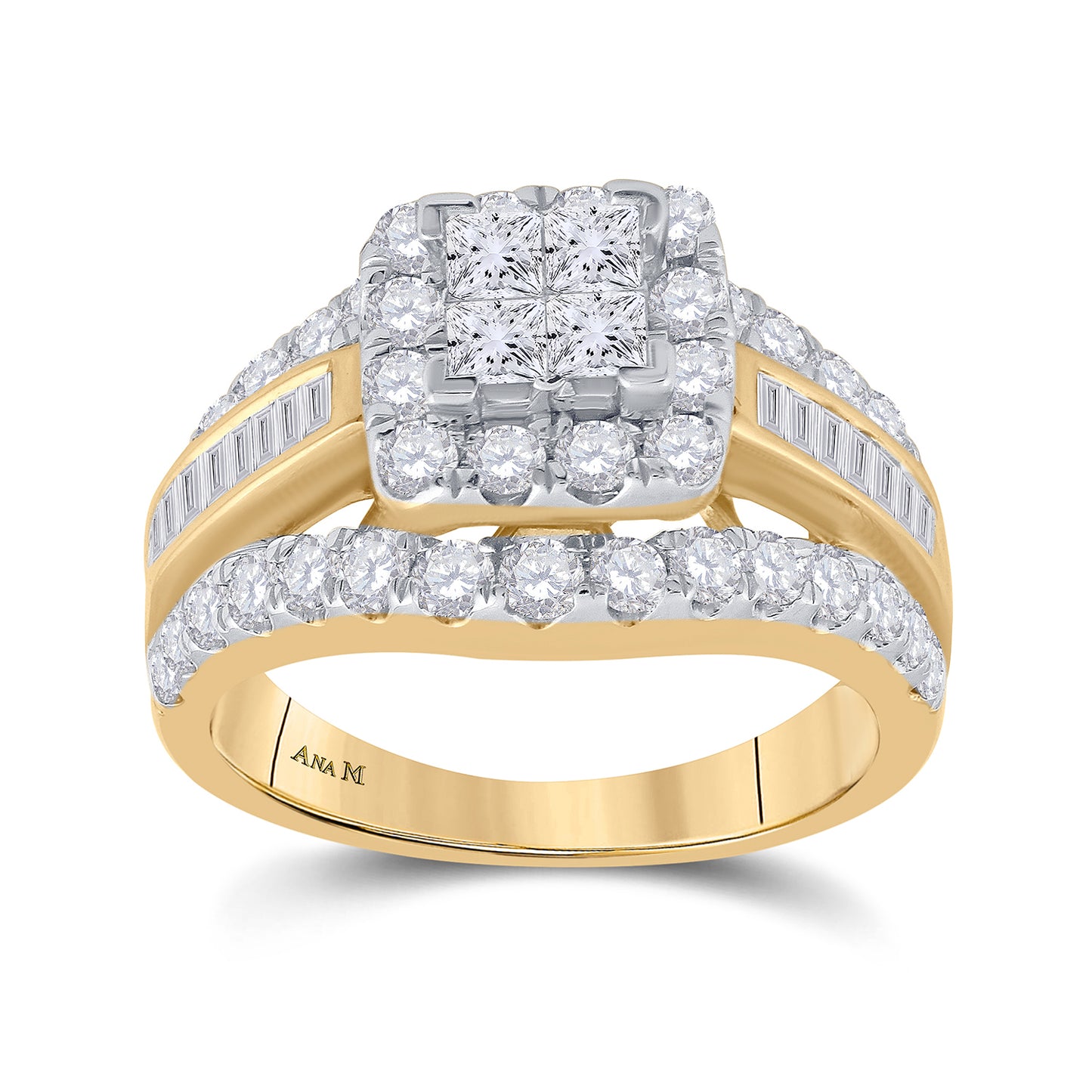 14K Yellow Or White Gold Princess Diamond Cluster Bridal Wedding Engagement Ring 2 Cttw, Womens Size: 5-10