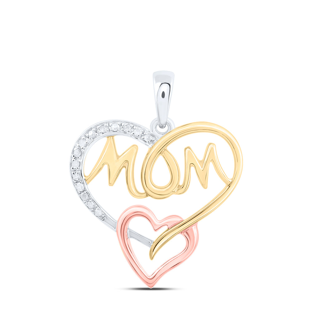 Tri-Tone Sterling Silver Womens Round Diamond Mom Heart Pendant 1/20ctw