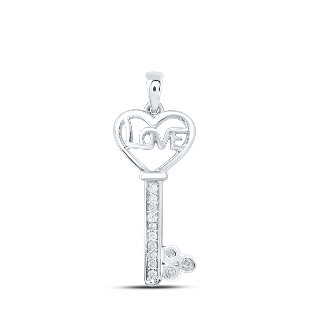 Sterling Silver Womens Round Diamond Love Key Pendant 1/10ctw