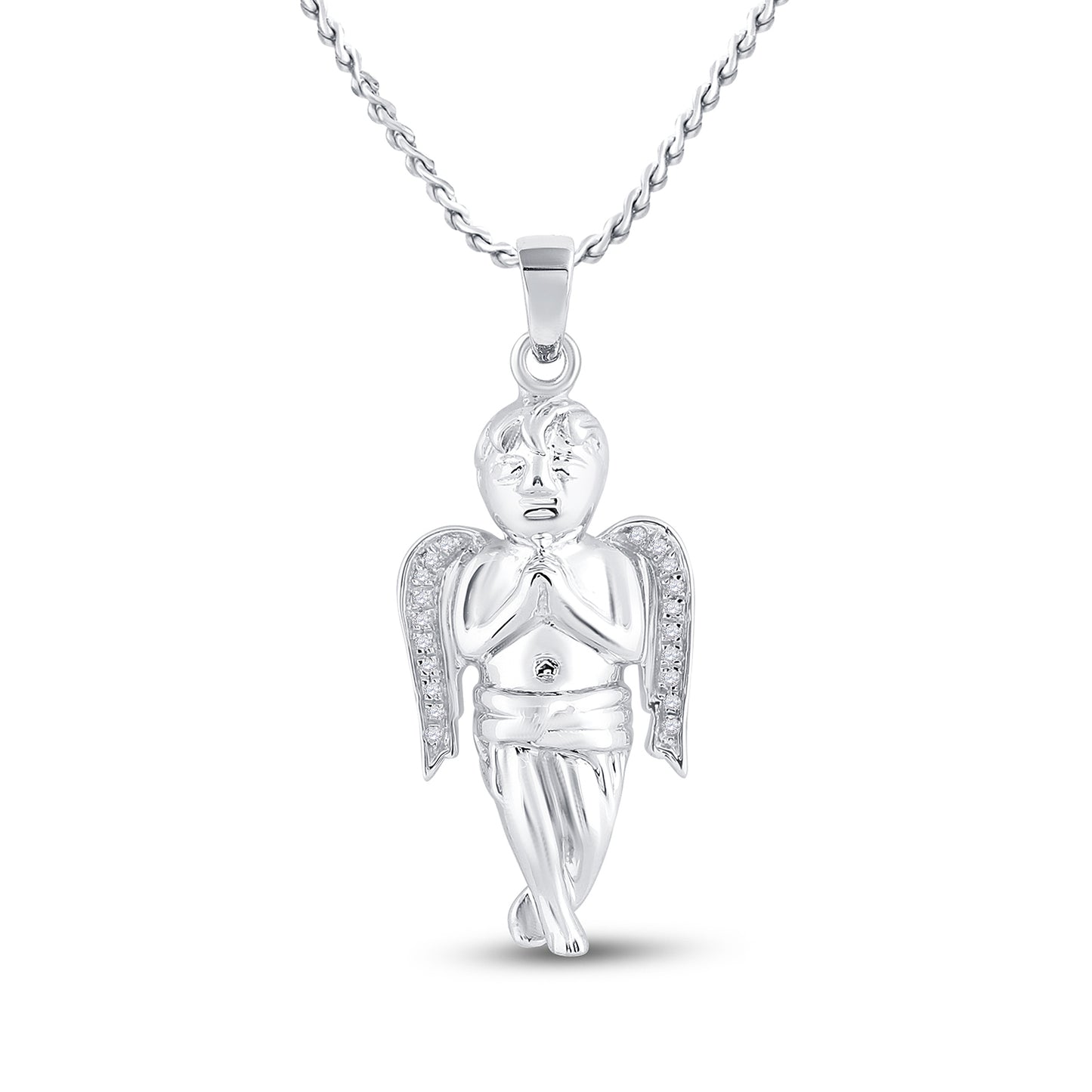 Sterling Silver Mens Round Diamond Angel Charm Pendant 1/20ctw, Length: 1.34 Inch Width: 0.59 Inch