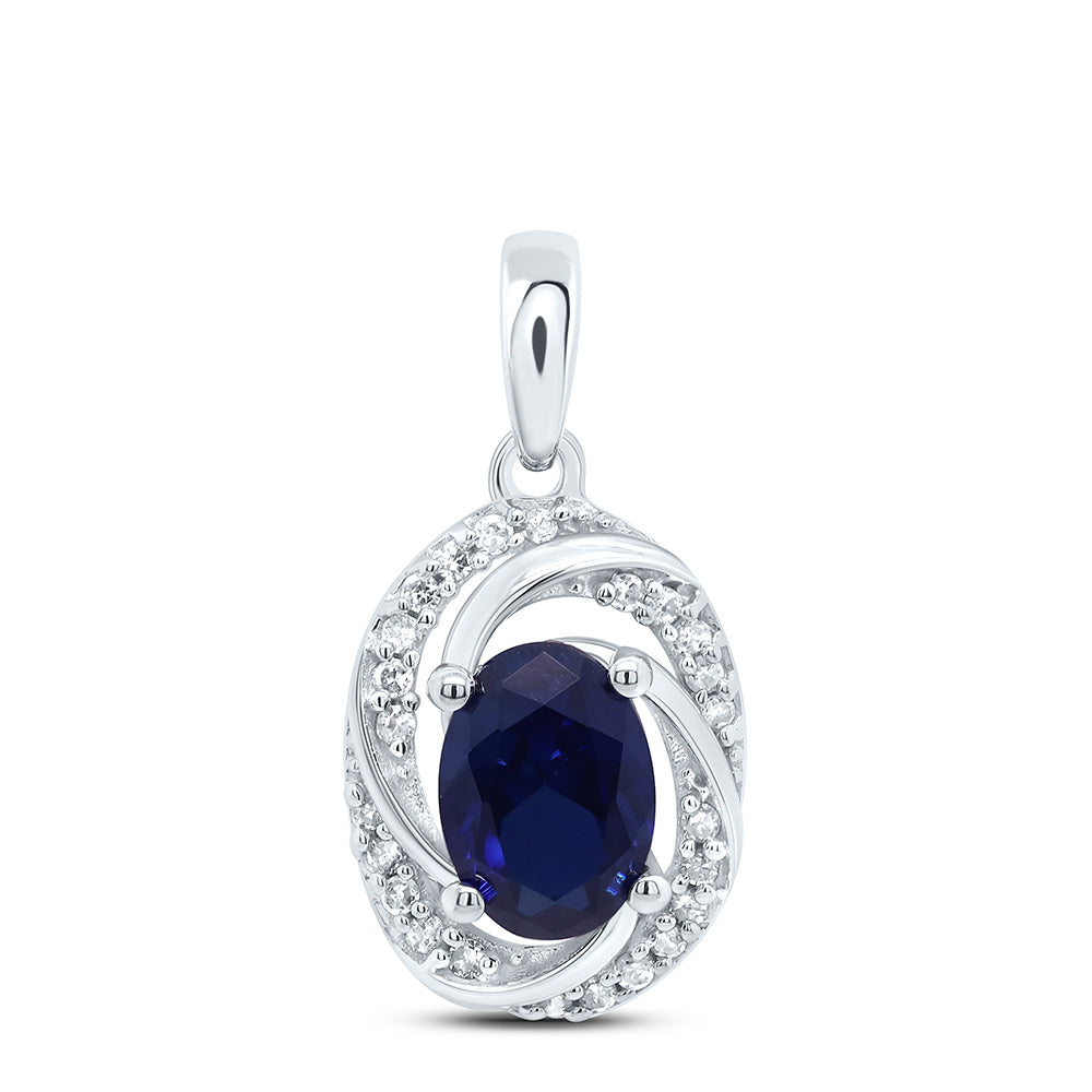 10kt White Gold Womens Oval Lab-created Blue Sapphire Solitaire Diamond Pendant 1-1/3 Cttw