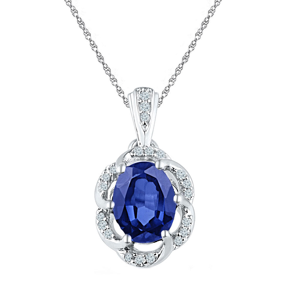 10K White Gold Womens Oval Synthetic Blue Sapphire Solitaire Diamond Pendant 1-3/4 Cttw, Width: 0.36 In