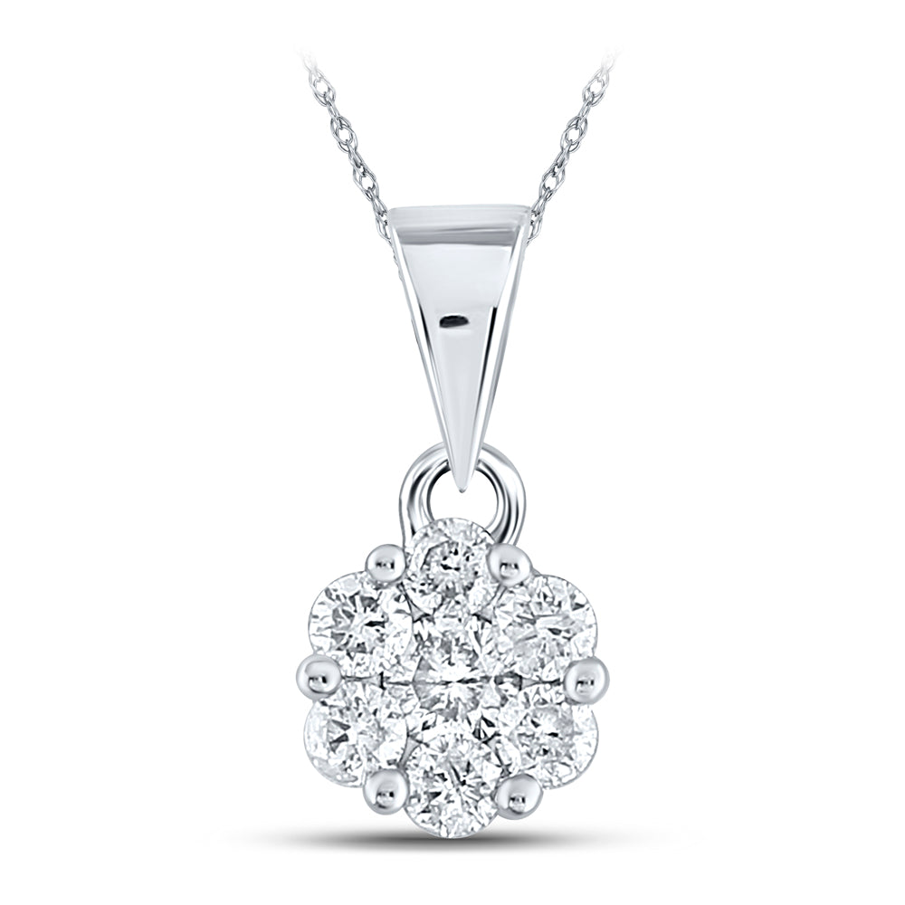 14K White Gold Womens Round Diamond Flower Cluster Pendant 1/2 Cttw, Length: 0.54 In, Width: 0.28 In