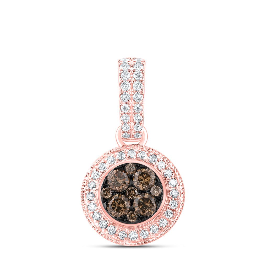 14K Rose Gold Womens Round Brown Diamond Cluster Pendant 1 Cttw