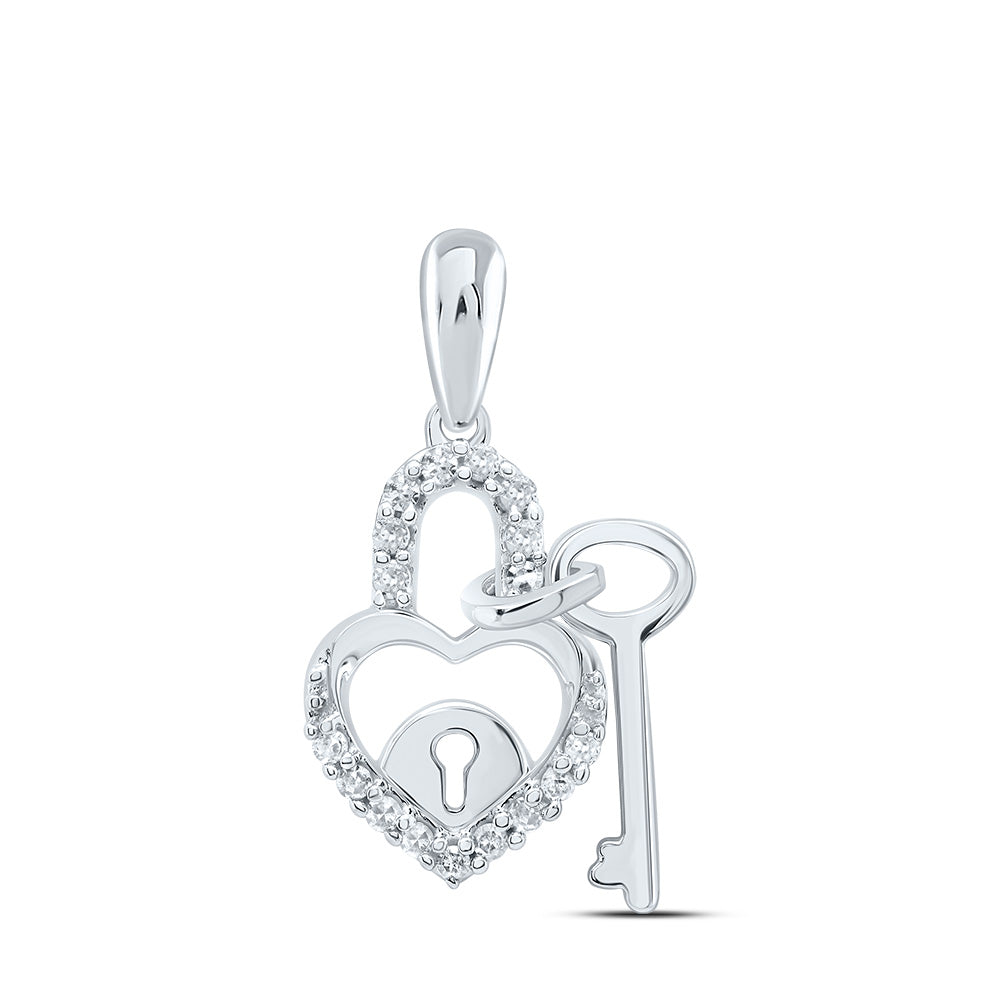 10K Yellow Or White Gold Womens Round Diamond Heart Lock Key Dangle Pendant 1/10 Cttw, Width: 0.31 In