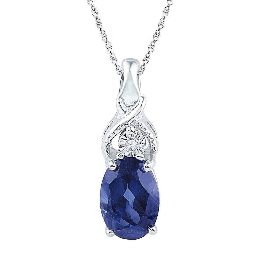 10K White Gold Womens Oval Synthetic Blue Sapphire Solitaire Diamond Pendant 7/8 Cttw