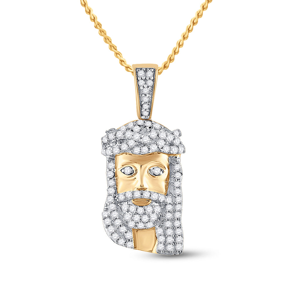 10K Yellow Gold Mens Round Diamond Jesus Face Charm Pendant 1/3 Cttw, Length: 0.95 In, Width: 0.44 In