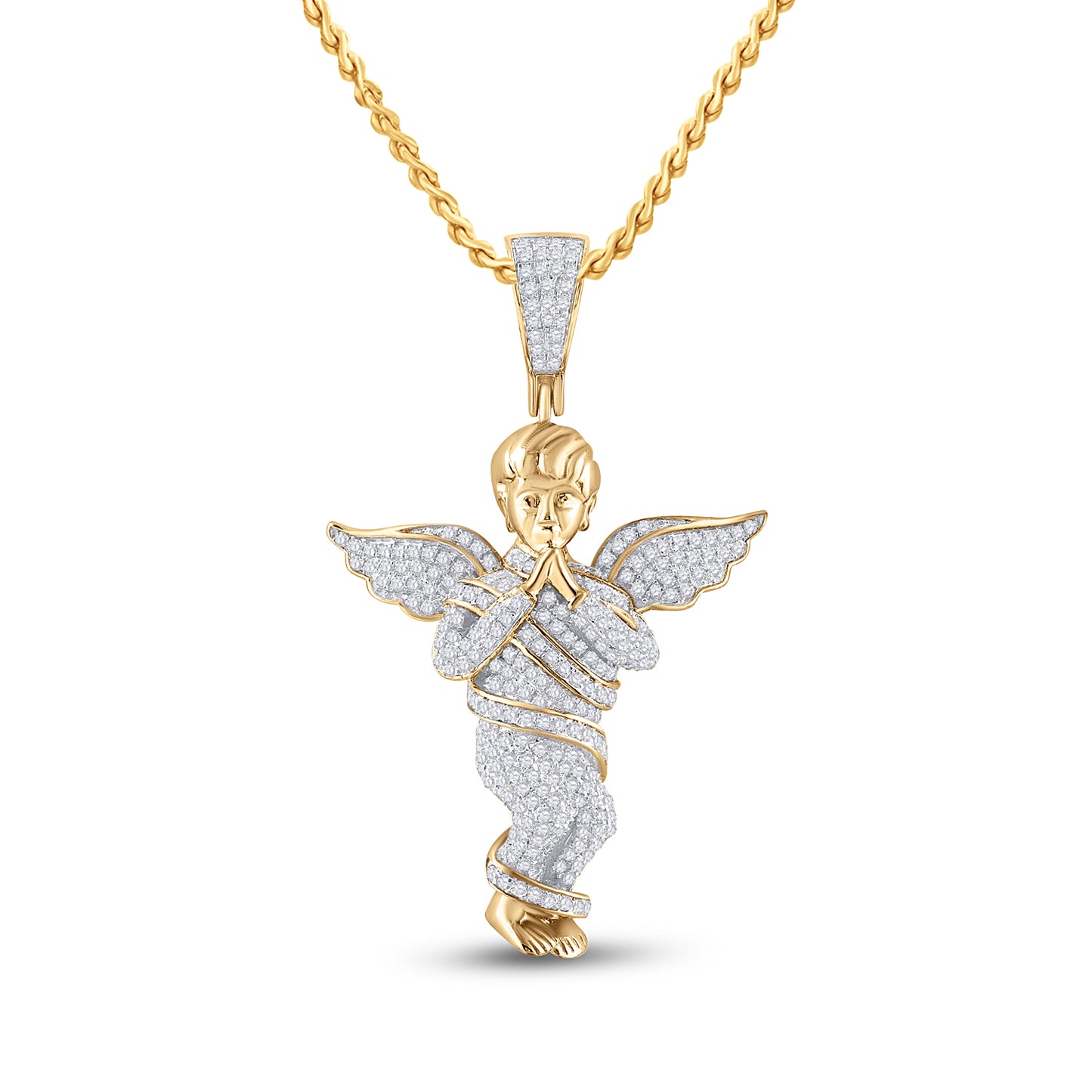 10K Yellow Gold Mens Round Diamond Praying Angel Wings Charm Pendant 7/8 Cttw, Length: 1.7 In, Width: 1.05 In