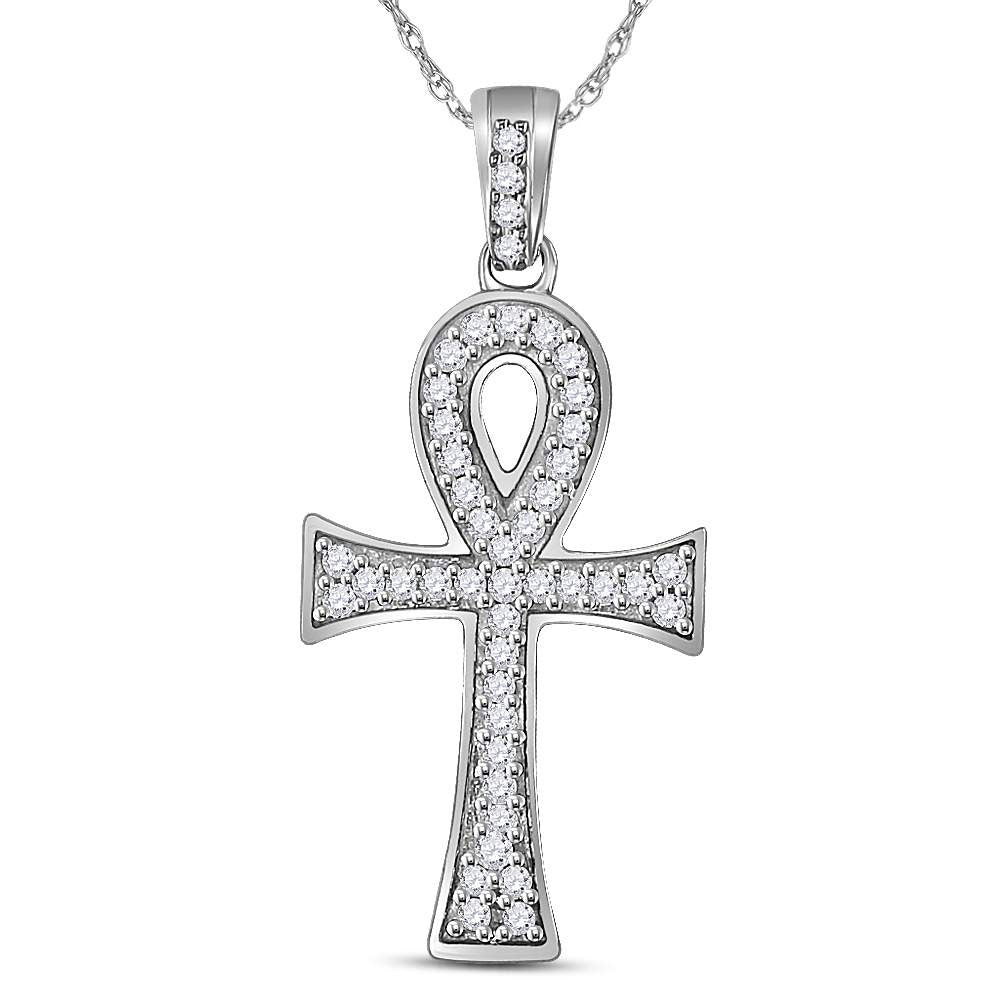 10K White Or Yellow Gold Mens Round Diamond Ankh Cross Charm Pendant