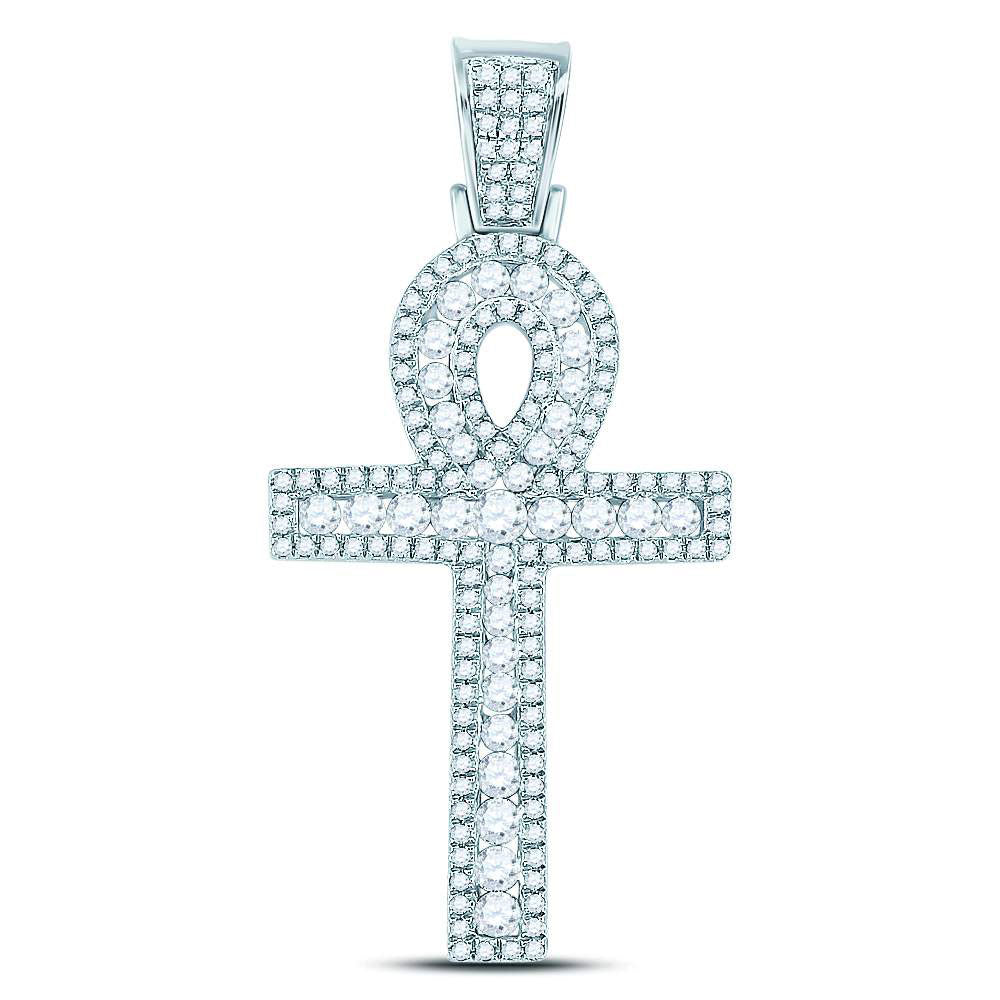 10K Yellow Or White Gold Mens Round Diamond Ankh Cross Charm Pendant 1 Cttw, Length: 1.62 In, Width: 0.81 In