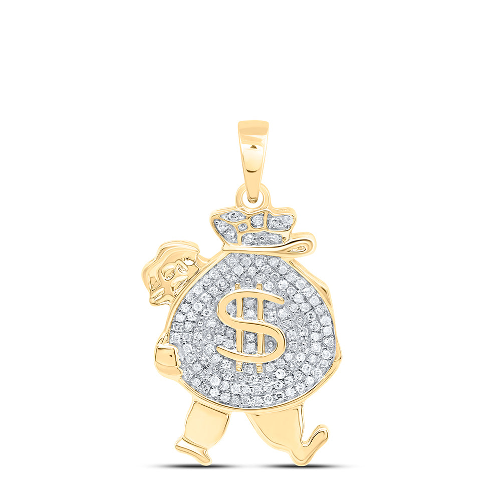 10K Yellow Gold Mens Round Diamond Money Bag Man Charm Pendant 1/4 Cttw, Length: 1.14 In, Width: 0.59 In