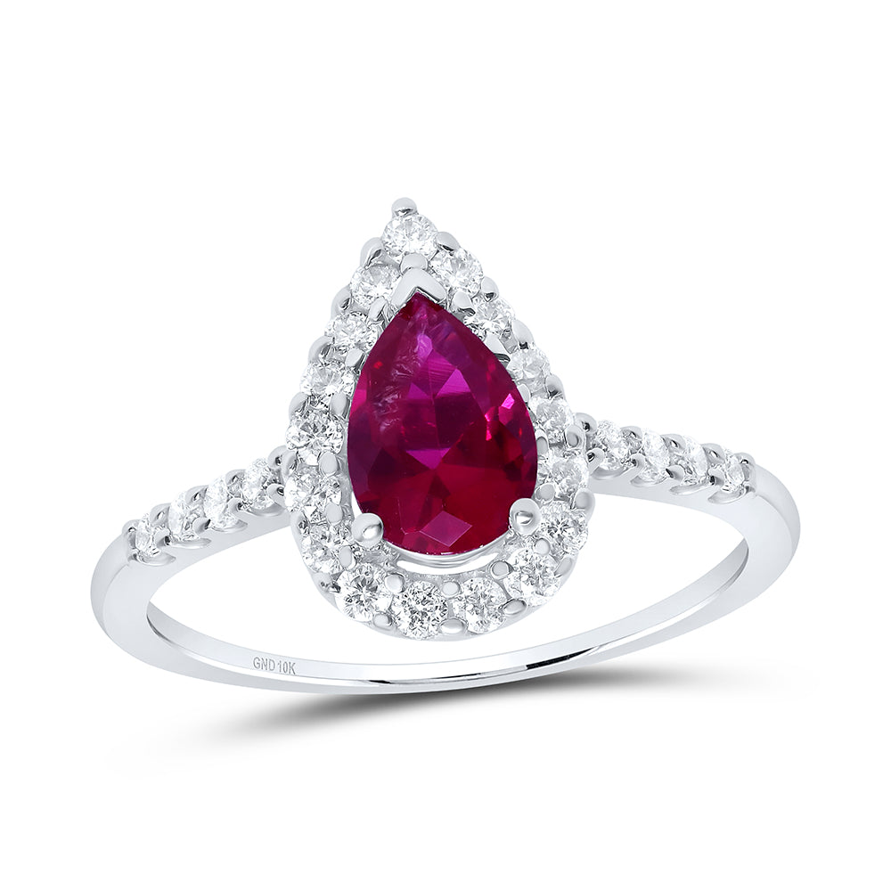 10K White Gold Womens Pear Synthetic Ruby Solitaire Diamond Frame Ring 1-1/5 Cttw, Womens Size: 5-10