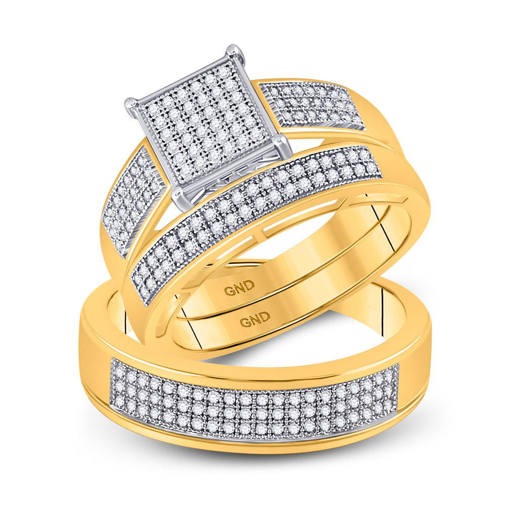 10kt Yellow Gold His & Hers Round Diamond Square Cluster Matching Bridal Wedding Ring Band Set 5/8 Cttw, Women Size: 5-9, Men Size: 8-12