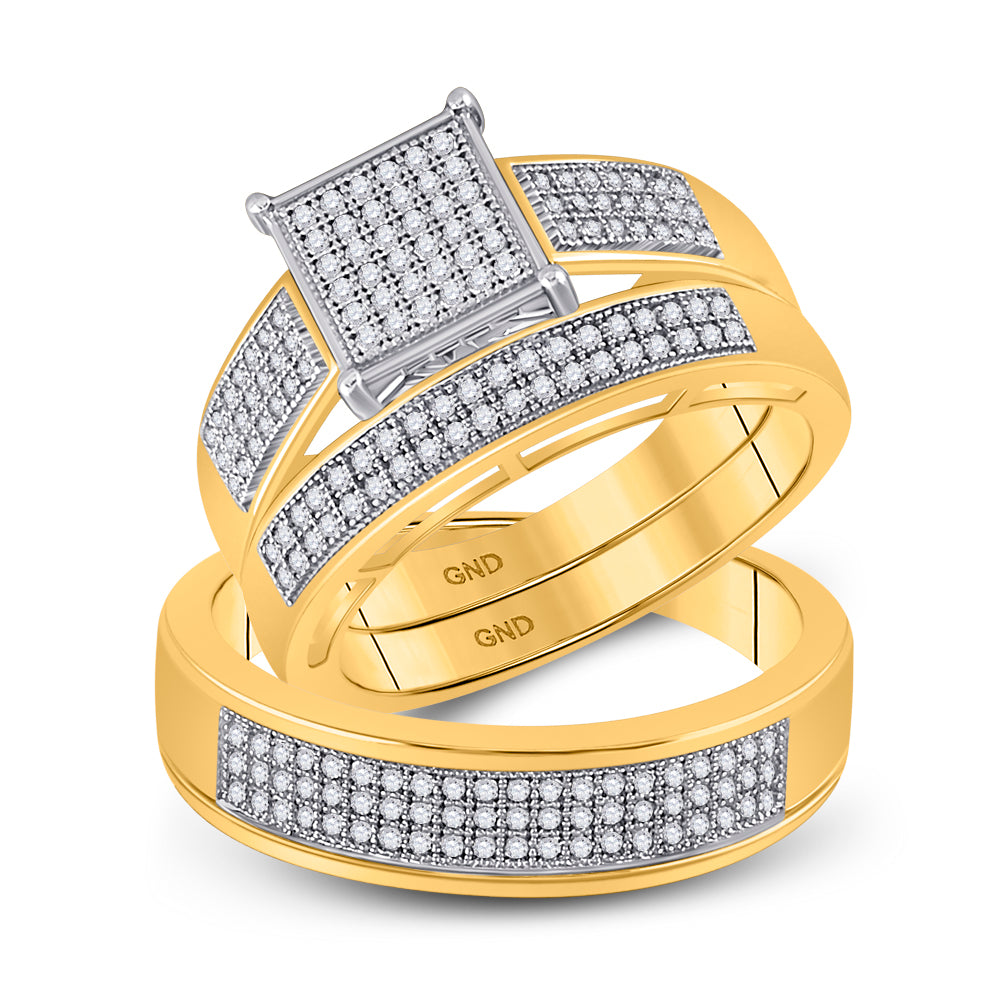 10kt Yellow Gold His & Hers Round Diamond Square Cluster Matching Bridal Wedding Ring Band Set 5/8 Cttw, Women Size: 5-9, Men Size: 8-12