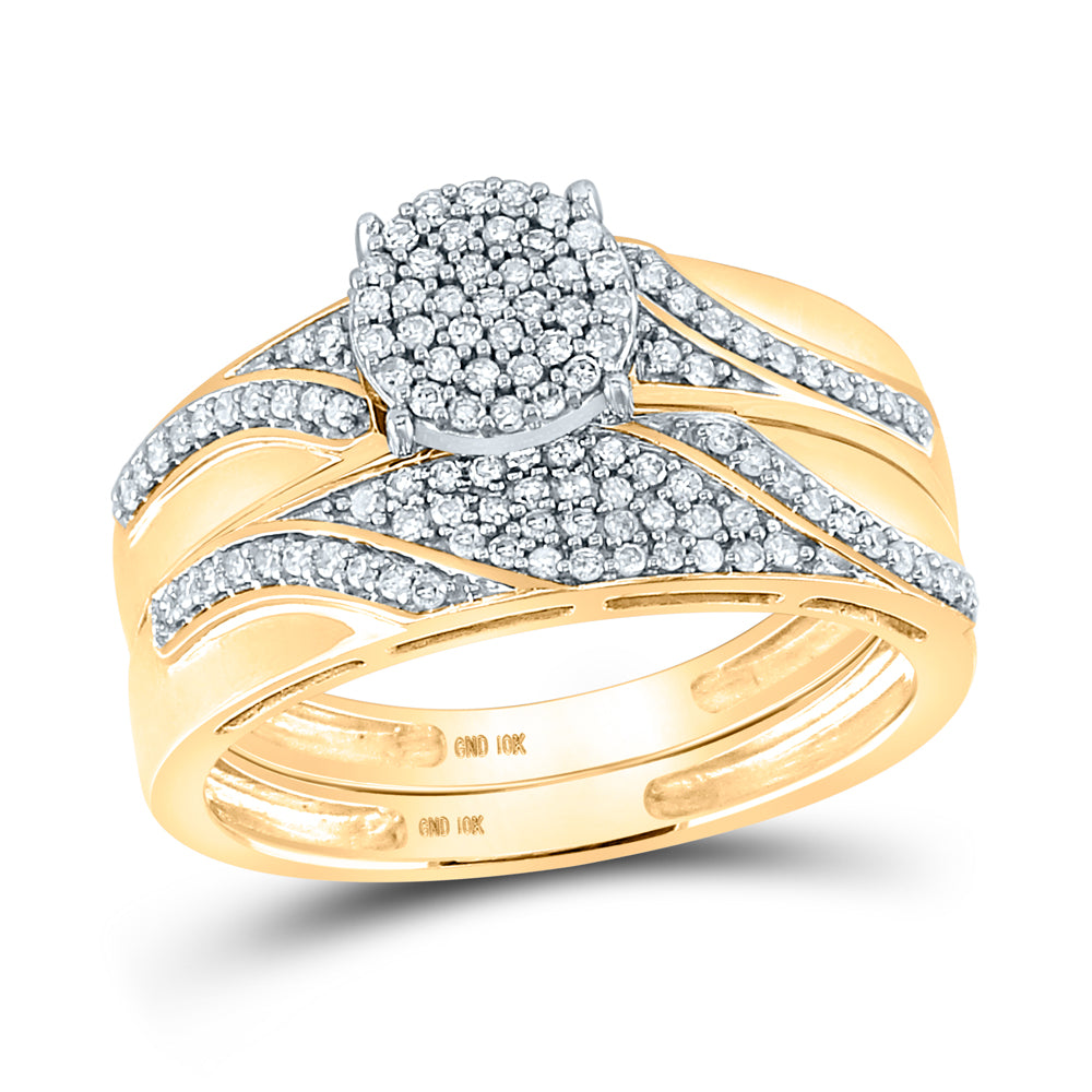 10kt Yellow Gold His & Hers Round Diamond Cluster Matching Bridal Wedding Ring Band Set 1/2 Cttw, Women Size: 5-9, Men Size: 8-12