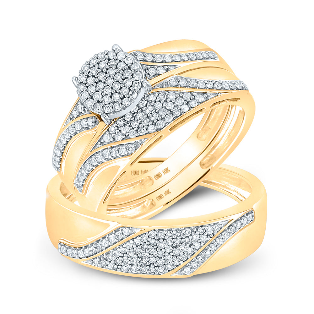 10kt Yellow Gold His & Hers Round Diamond Cluster Matching Bridal Wedding Ring Band Set 1/2 Cttw, Women Size: 5-9, Men Size: 8-12