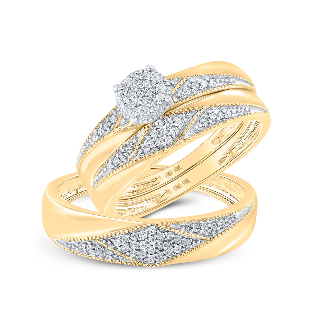 10kt Yellow Gold His & Hers Round Diamond Cluster Matching Bridal Wedding Ring Band Set 1/4 Cttw, Women Size: 5-9, Men Size: 8-12
