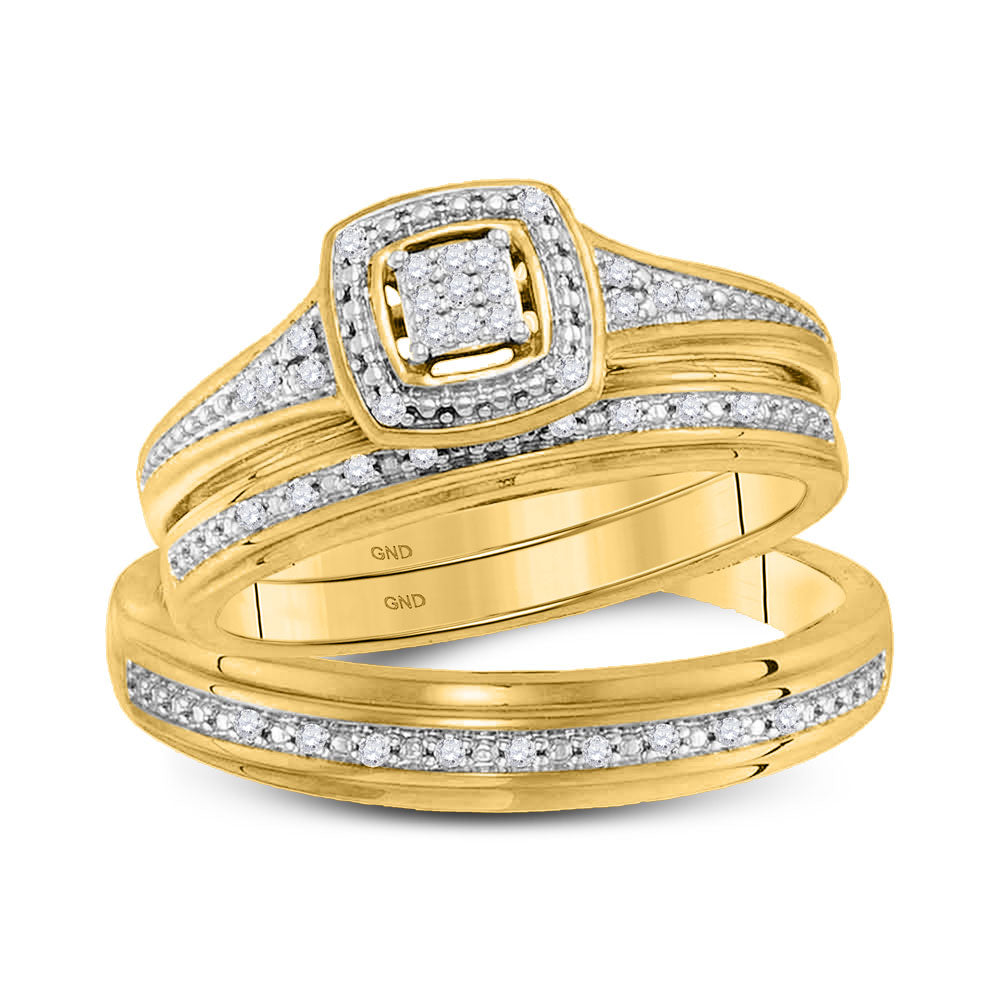 10K Yellow Gold His Hers Round Diamond Cluster Matching Wedding Set 1/10 Cttw, Womens Size: 5-10, Mens Size: 7-13