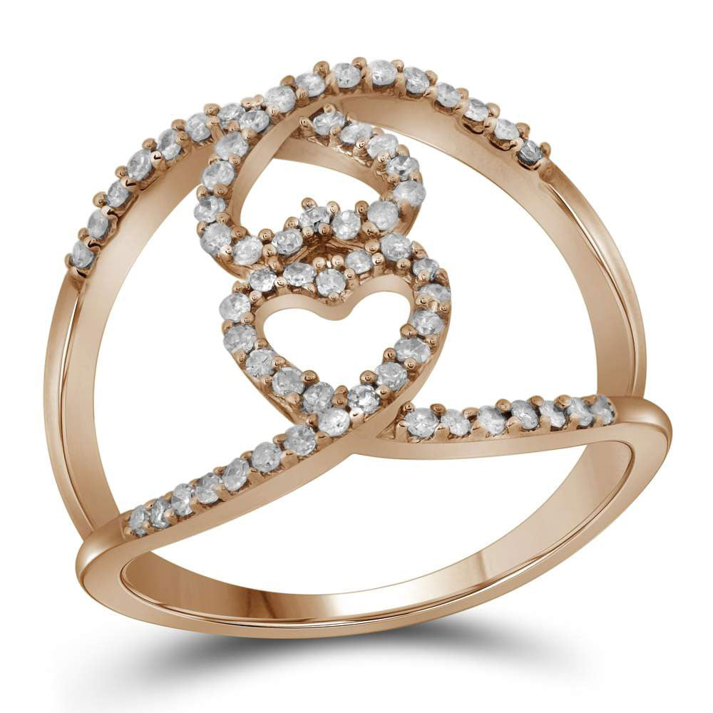 10K Rose Gold Womens Round Diamond Open Double Heart Fashion Ring 1/3 Cttw, Womens Size: 5-10