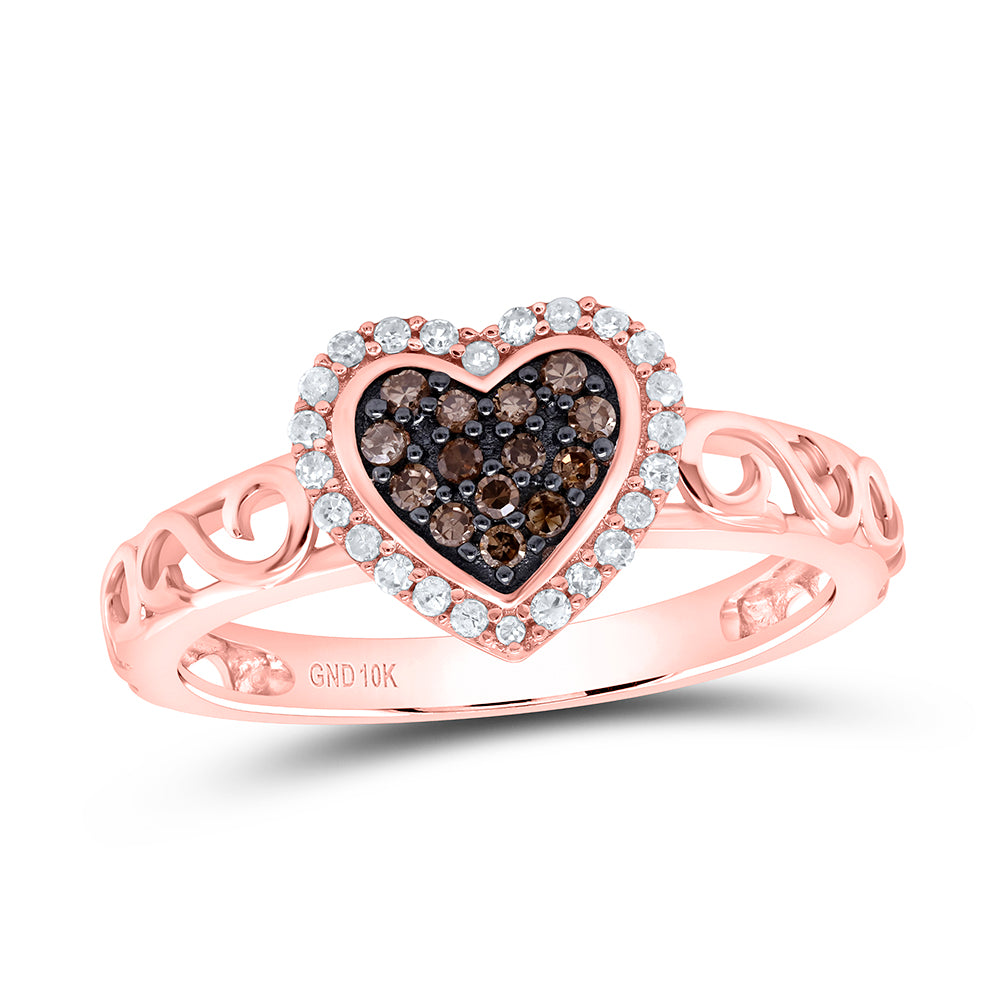 10K Rose Gold Womens Round Brown Diamond Heart Ring 1/4 Cttw, Womens Size: 5-10