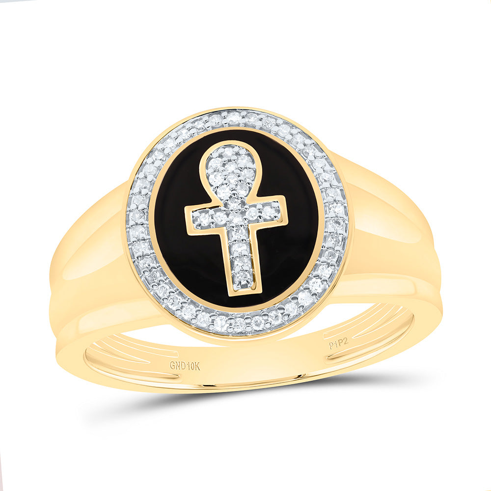 10kt Yellow Gold Mens Round Diamond Ankh Cross Ring 1/6 Cttw, Men Size: 8-12
