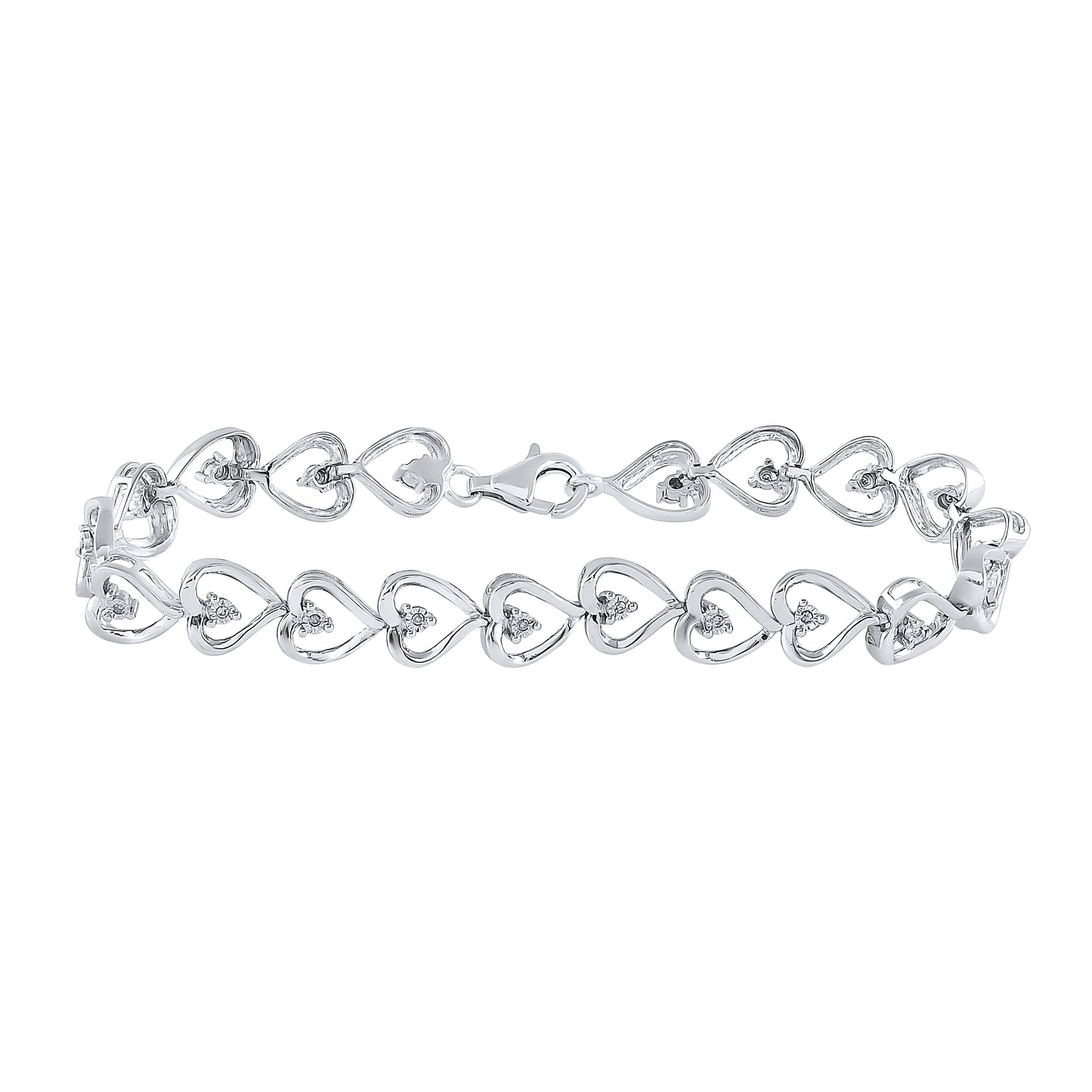 Sterling Silver Womens Round Diamond Heart Link Bracelet 1/10 Cttw