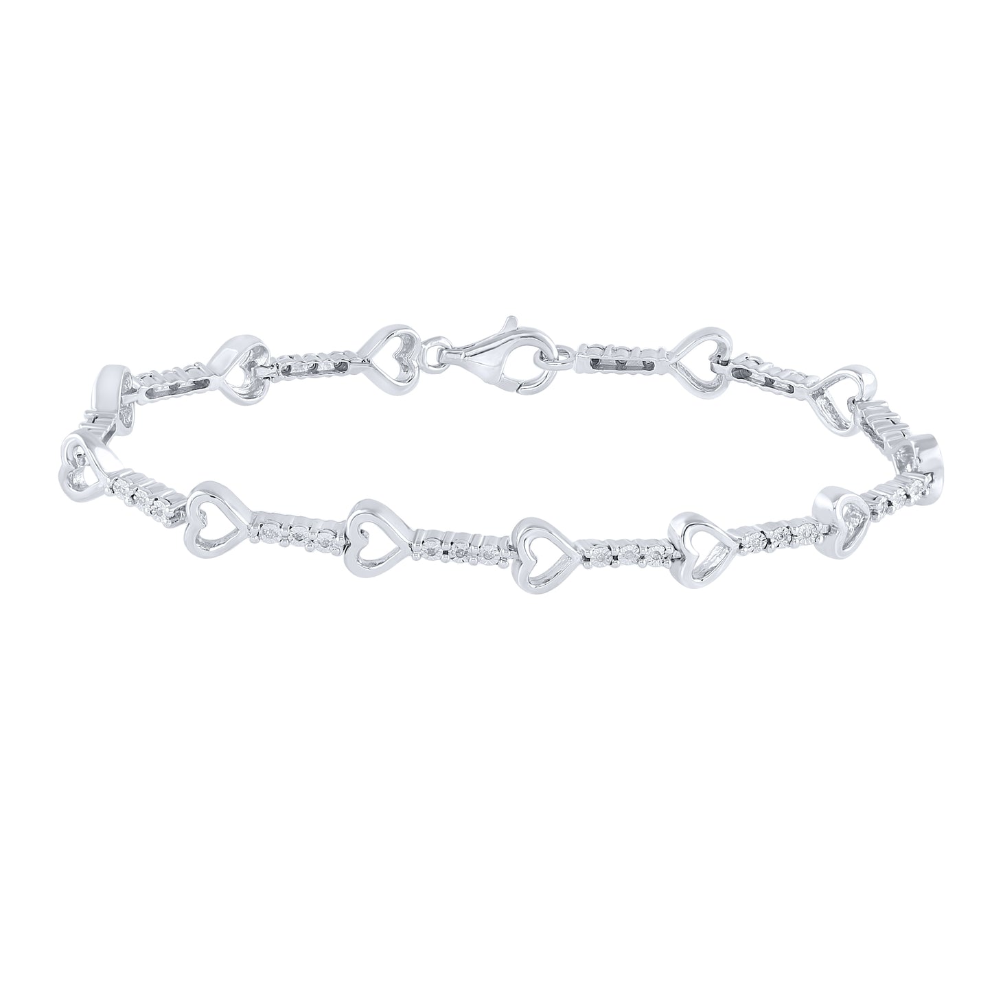Sterling Silver Women's Round Diamond Heart Bracelet 1/10ctw