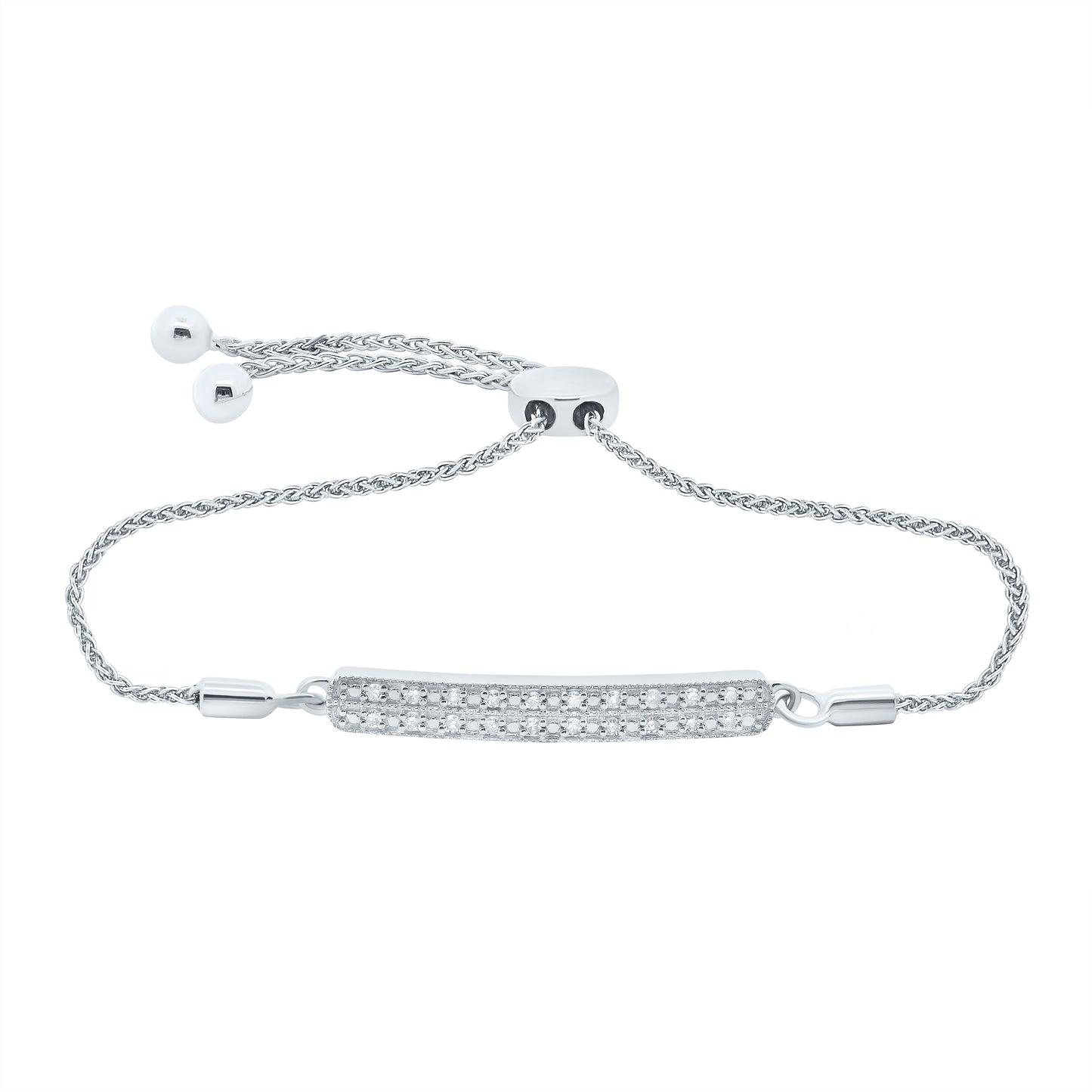 Sterling Silver Womens Round Diamond-accented Bar Bolo Adjustable Bracelet 1/10 Cttw, Width: 0.14 In