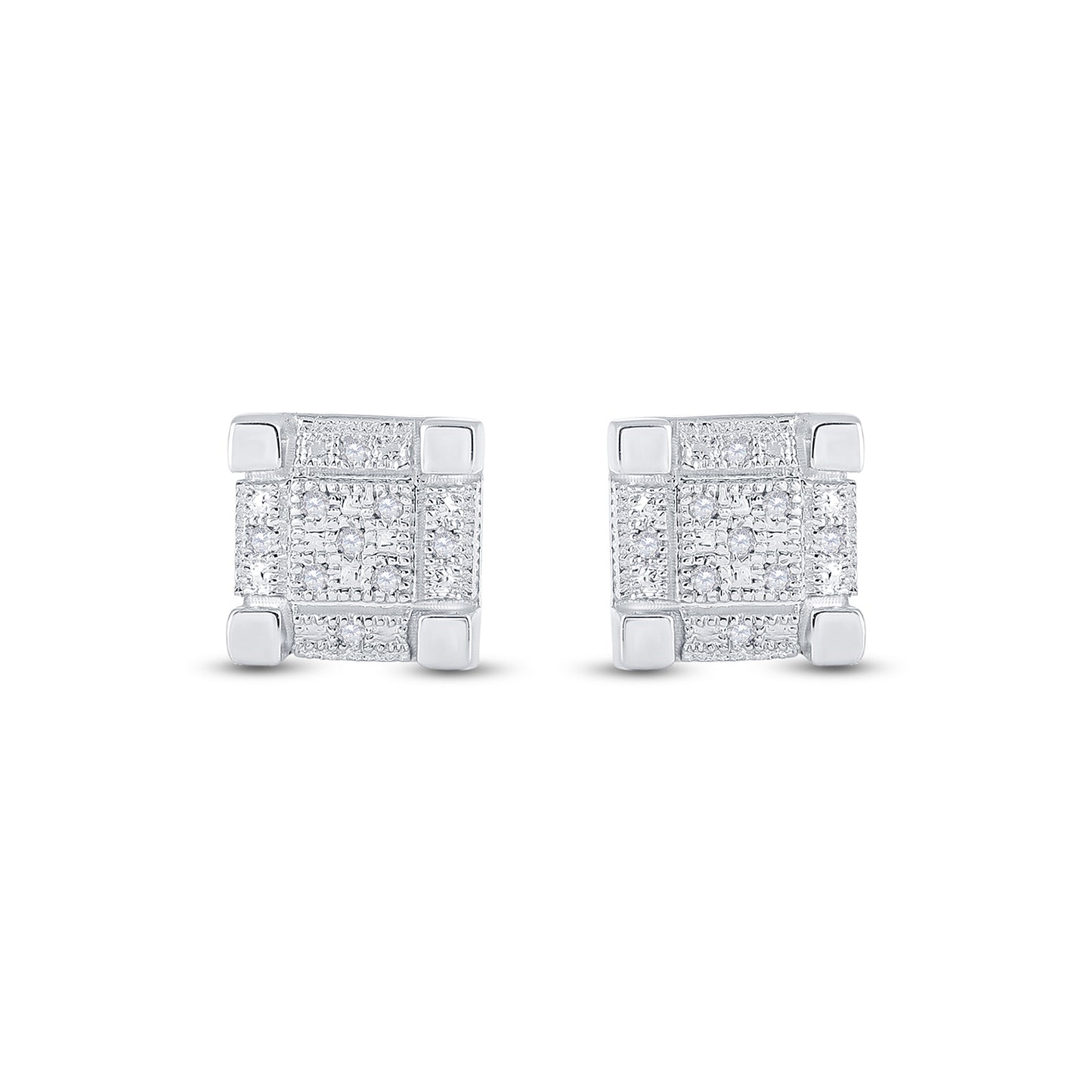 Sterling Silver Round Diamond 3D Cube Square Earrings 1/20ctw