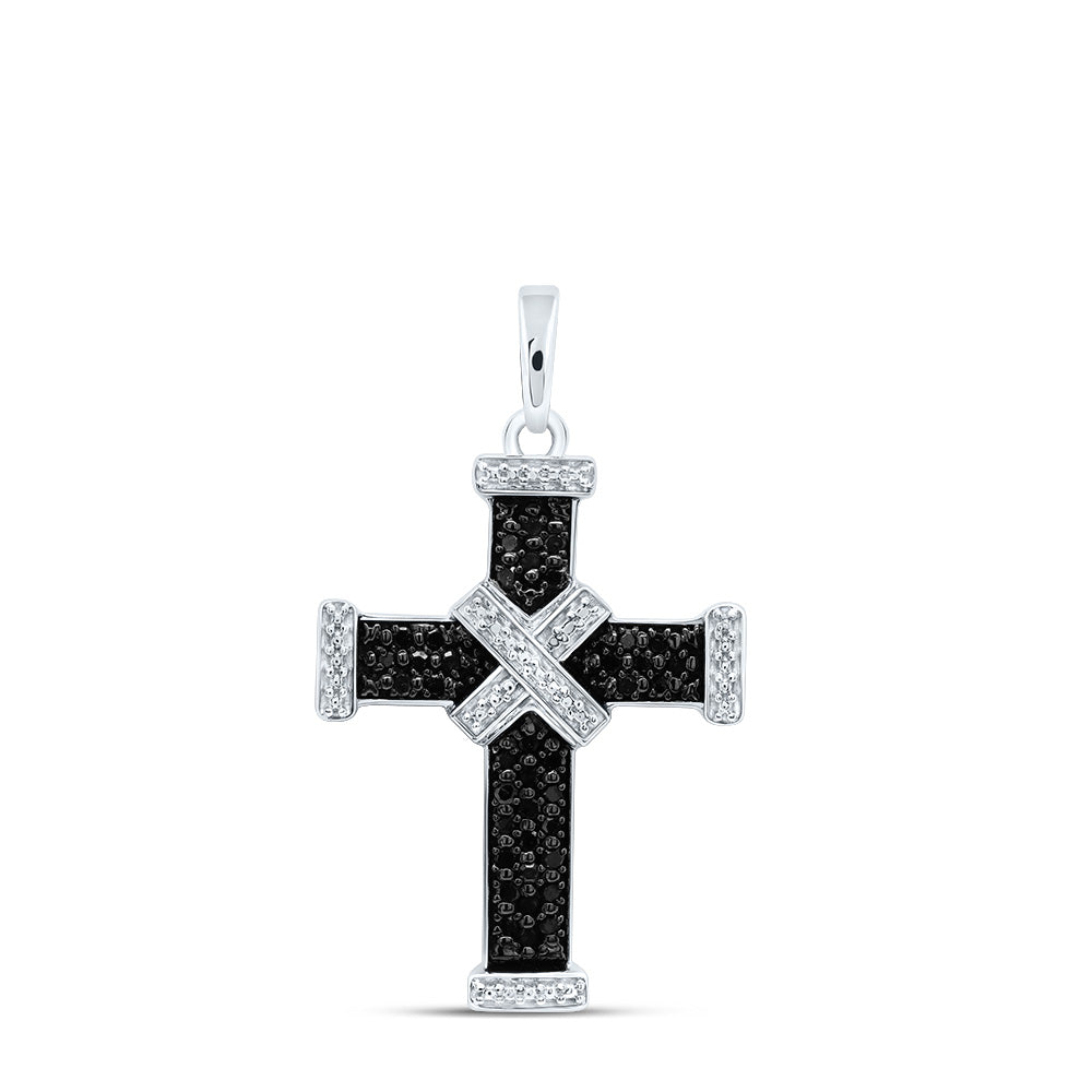 Sterling Silver Womens Round Blue Color Enhanced Diamond Bound Roman Cross Pendant 1/4ctw, Length: 1.44 Inch Width: 0.87 Inch