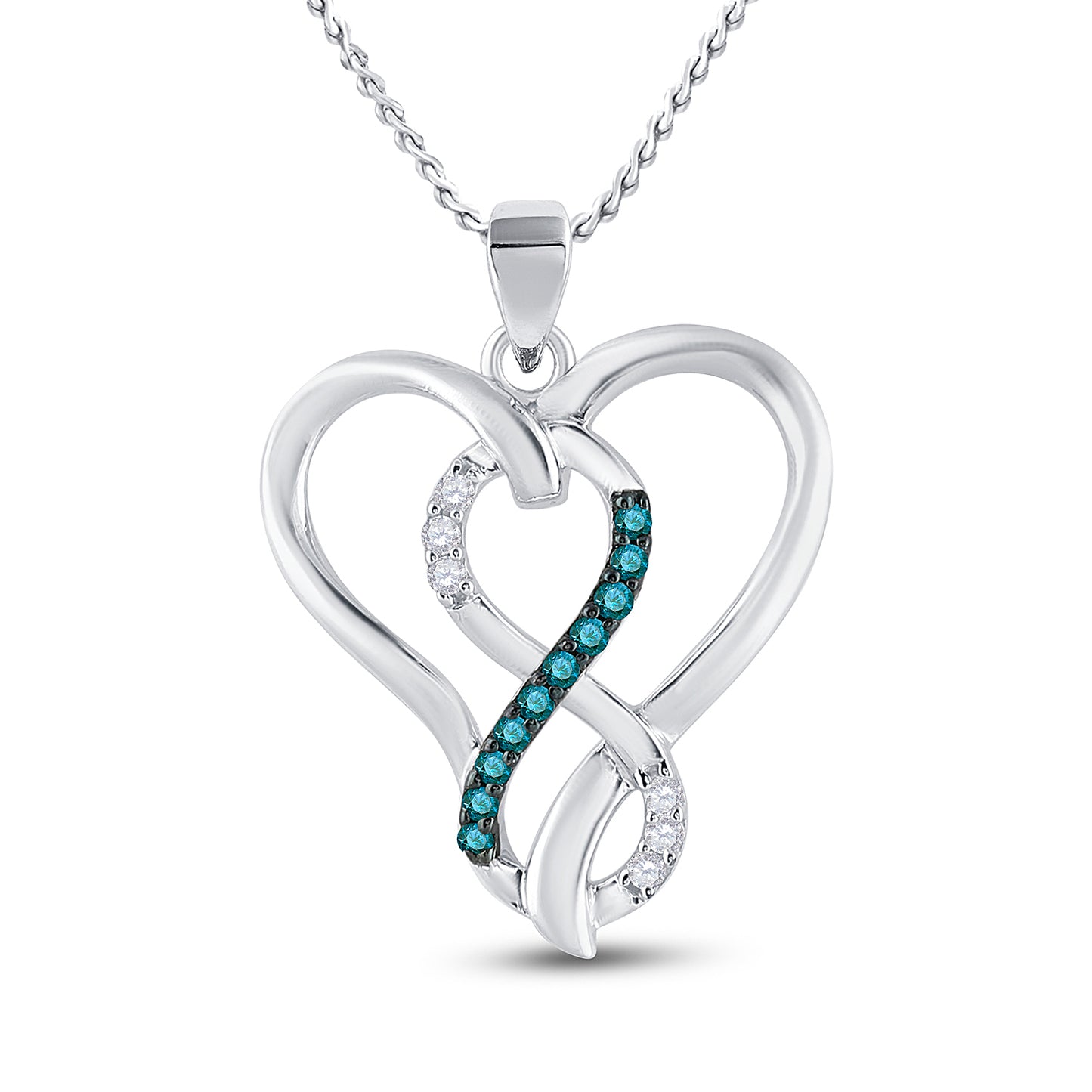 Sterling Silver Womens Round Blue Color Enhanced Diamond Heart Infinity Pendant 1/10ctw, Length: 0.85 Inch Width: 0.68 Inch