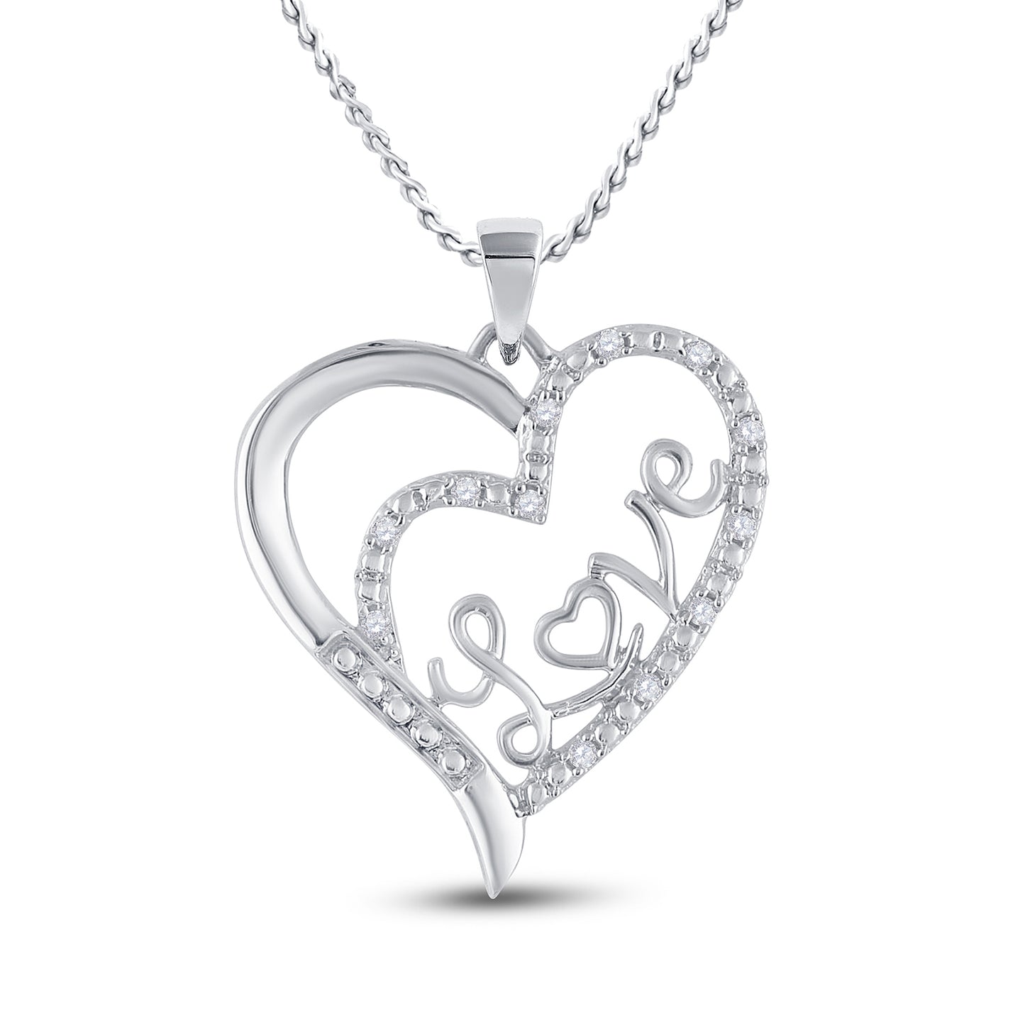 Sterling Silver Womens Round Diamond Love Heart Pendant 1/10ctw, Length: 1.28 Inch Width: 0.98 Inch