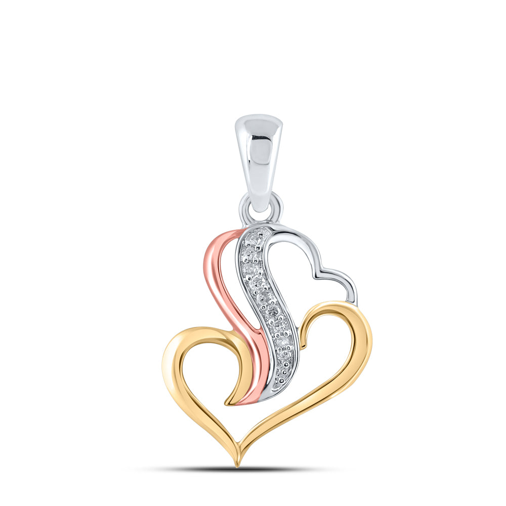 Tri-Tone Sterling Silver Womens Round Diamond Heart Pendant 1/20ctw